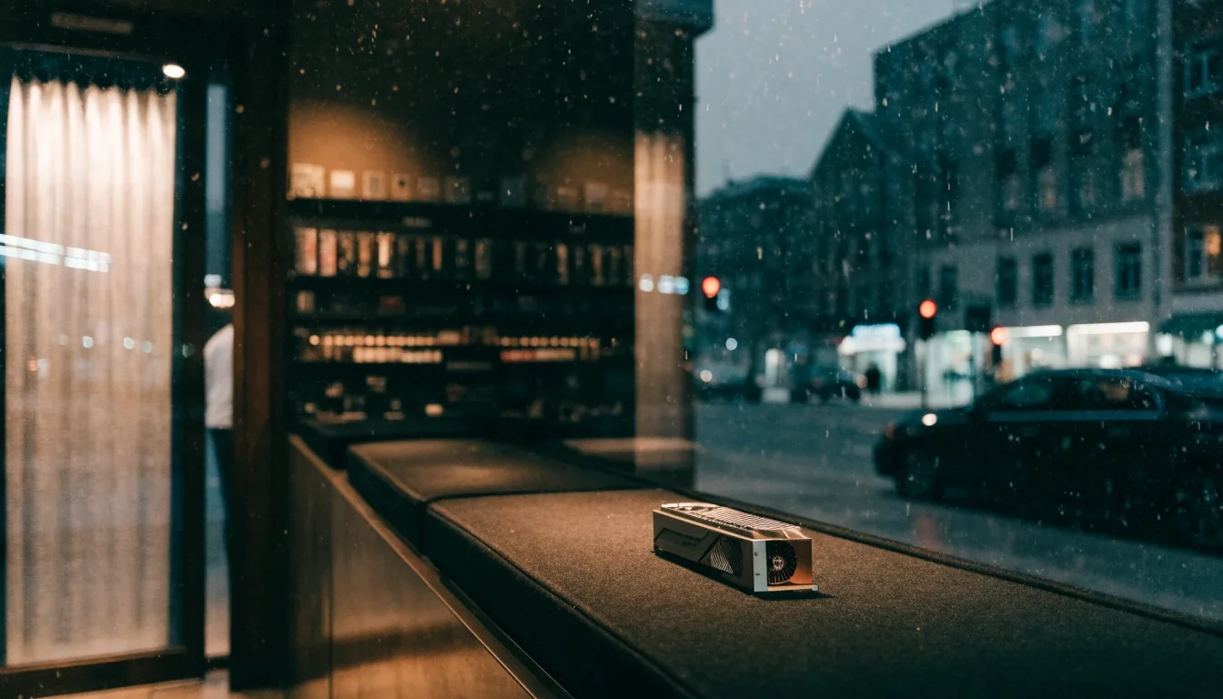 A graphics card shop interior at night with a card on the counter and snow outside the window