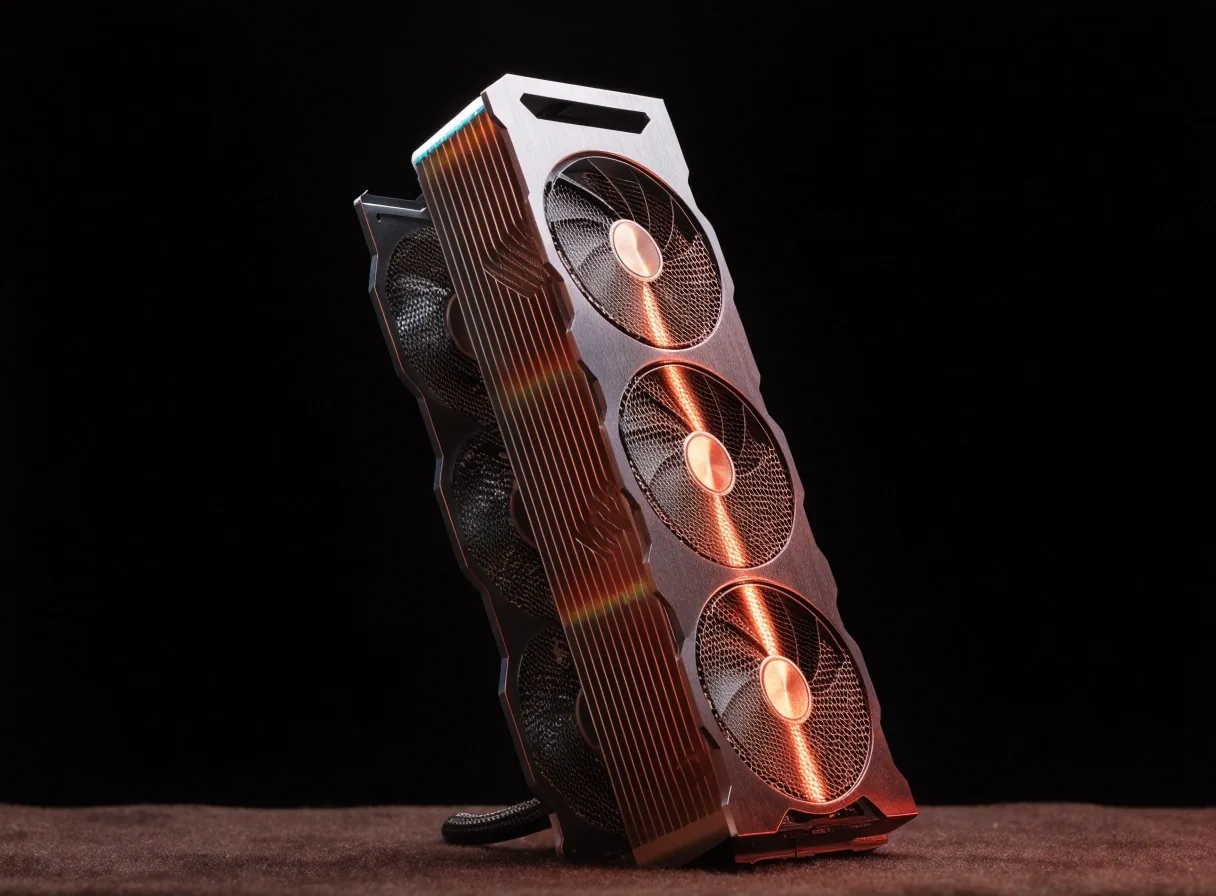 A custom three-fan AMD Radeon RX 9070 XT board under raking light on the shop display surface