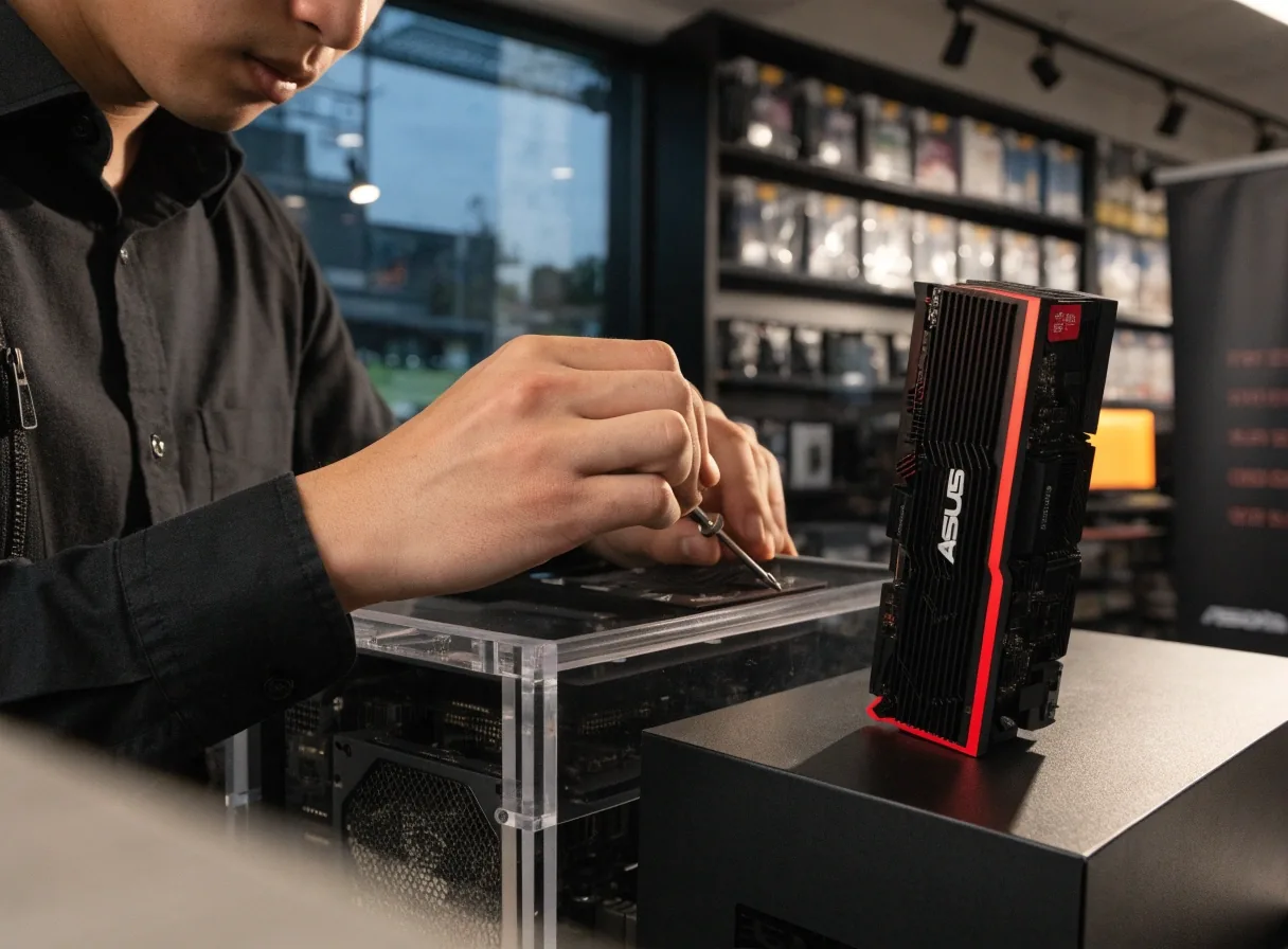 A power supply cable laid beside a graphics card on the felt bench during a headroom check