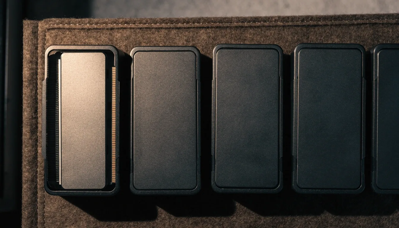 Card sleeves laid in a row on a felt tray at the Umbryx counter, one open