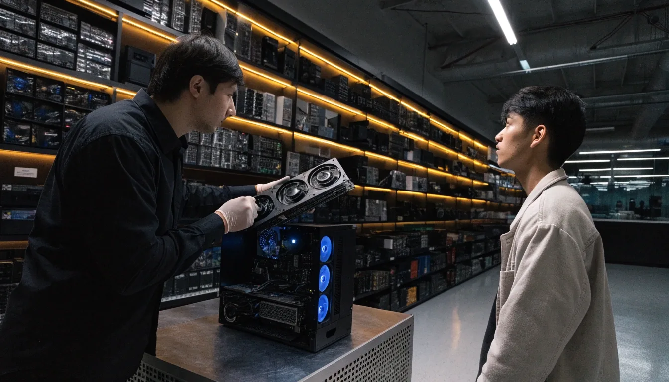 Hands holding a graphics card over the Umbryx test bench during a power and fit check