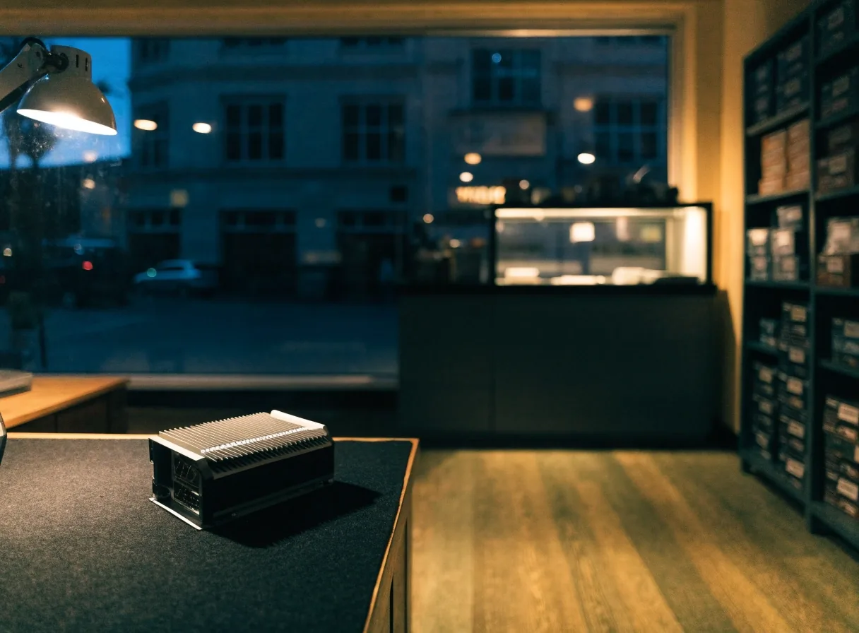 The Umbryx counter at night with a single graphics card under the lamp