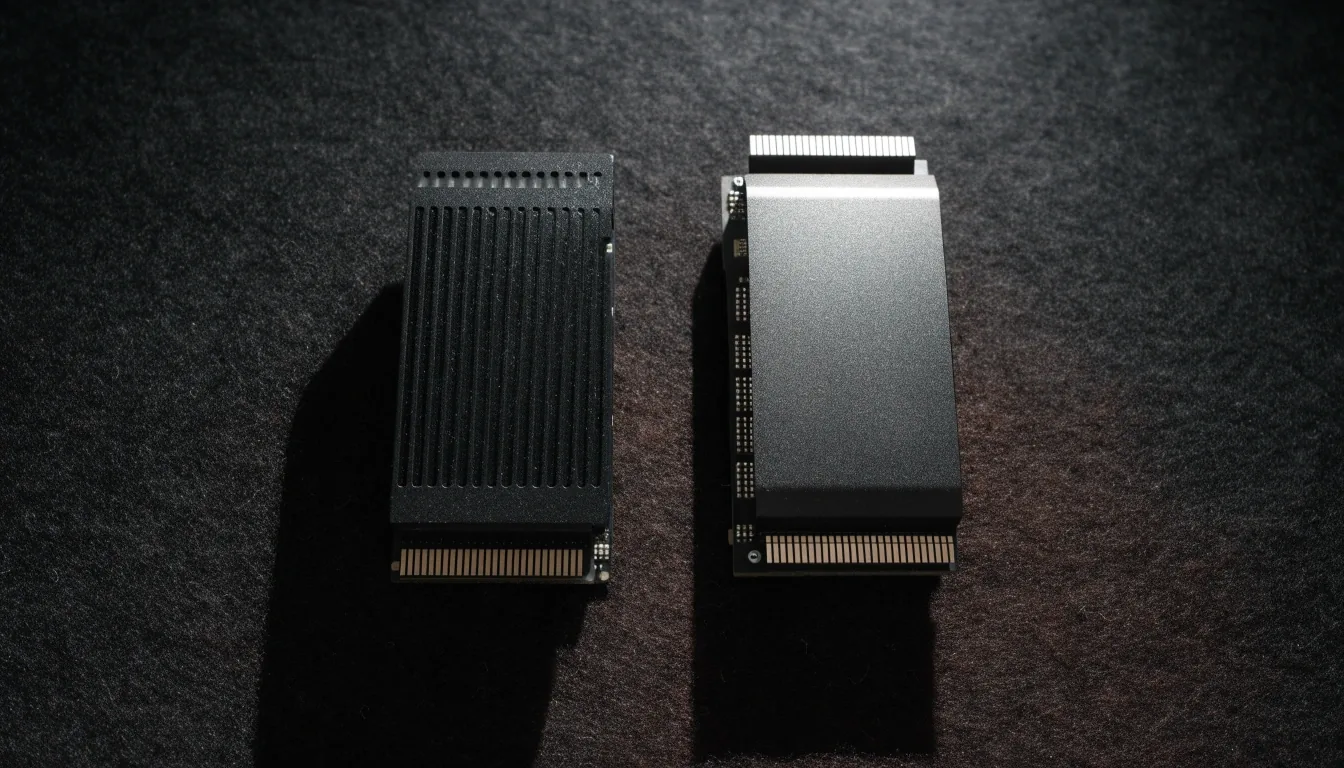 Two graphics cards of different lengths side by side on a felt surface for comparison