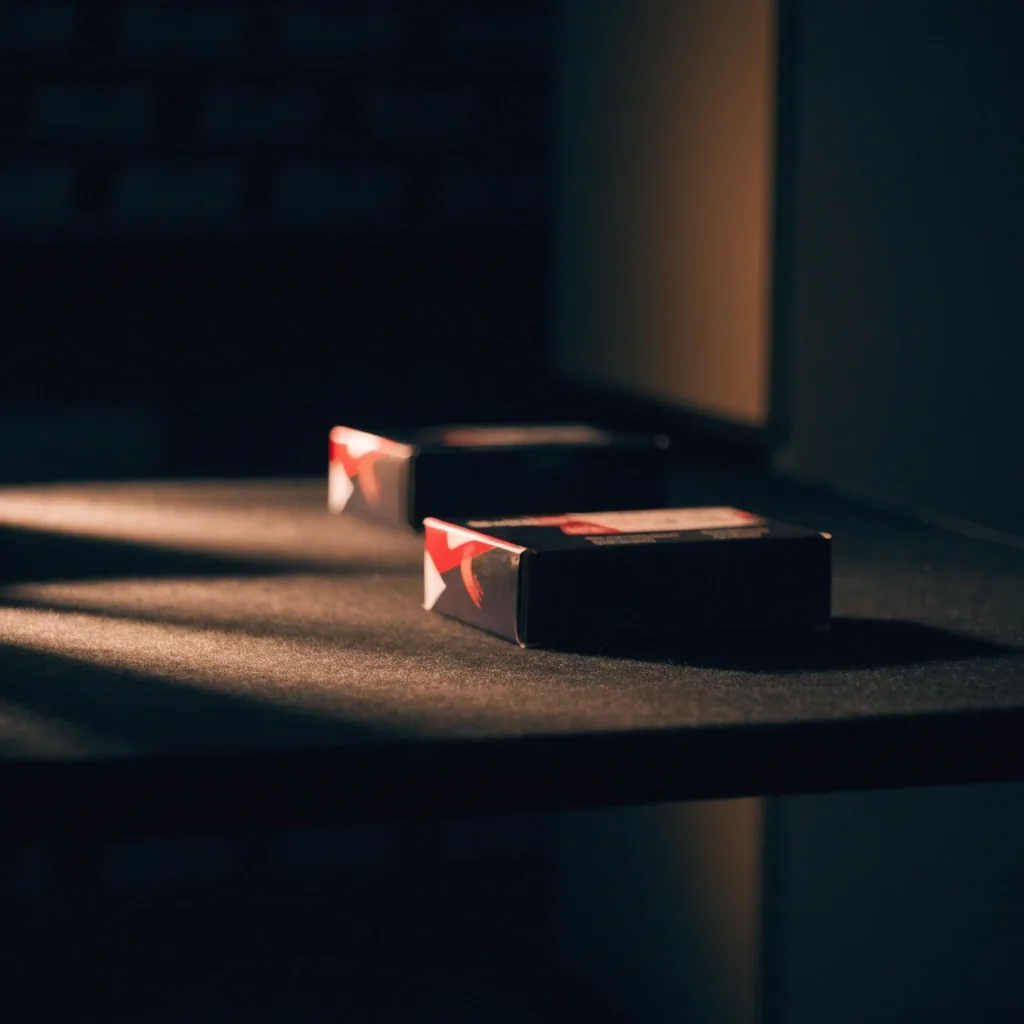 A graphics card box on a dark felt counter in a shop back room under a single raking lamp